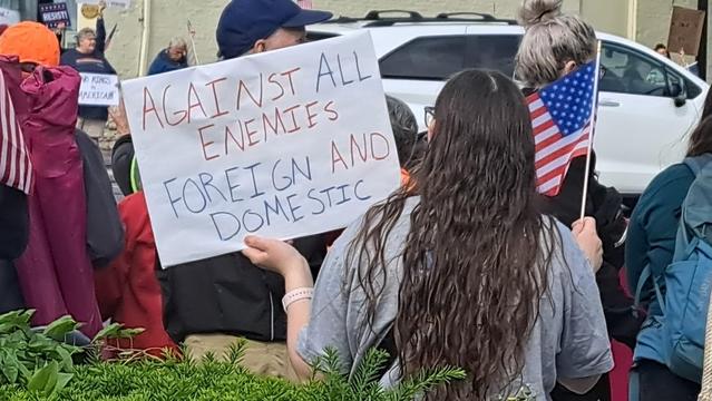 woman with her back to the camera, holding an american flag with her left. on her right hand she has a sign that reads: AGAINST ALL ENEMIES FOREIGN AND DOMESTIC.

this is at a protest. in the distance we see a person holding a NO KINGS IN AMERICA sign. behind them is another with RESIST.

photo from Ben Royce
https://mastodon.social/@benroyce/114683045611901564