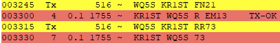 WSJT-X screenshot showing 2m FT8 QSO between KR1ST and WQ5S in TX.