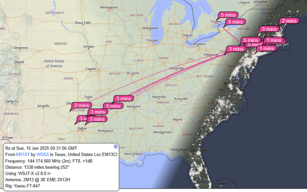 PSKReporter screenshot showing stations in Texas hearing me from NE PA on 2m FT8.
