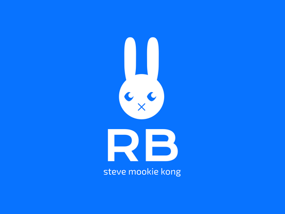 Blue background. White bunny, white "RB" and white text "steve mookie kong". All centered.