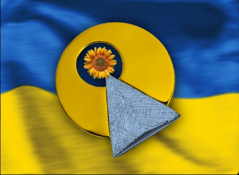Vulcan IDIC symbol reconceived in the colors of the Ukrainian Flag, with the flag as background texture.

The pendant is a disk, with a smaller, off-center circular opening, transected by a triangle. A diamond is mounted at the point of the triangle, centered in the circular opening. In the remix, a sunflower blossom replaces the diamond.