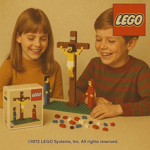 generated image that shows two kids happily playing with a fake crucifixion set of legos: (c)1972 Lego systems in. All rights reserved