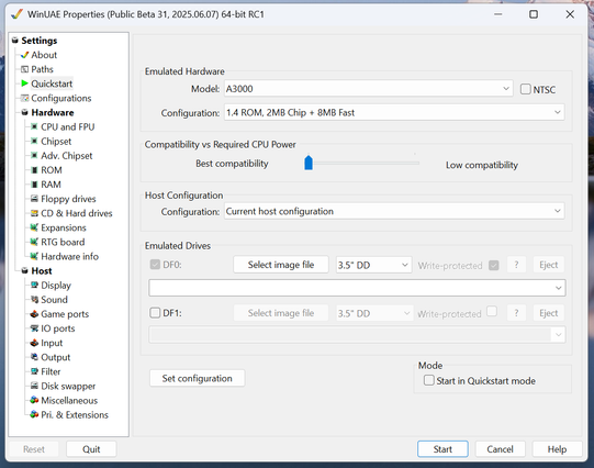 WinUAE configuration dialogue for an A3000 with 1.4 ROM