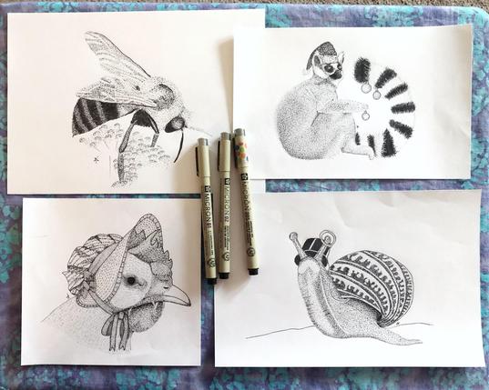 photo of four pen and ink stippled illustrations arranged on a table, with some pens placed in the center. clockwise from top left they are: a bee, a ring tail lemur wearing a Christmas hat and baubles hanging on his tail, a disapproving chicken in a bonnet, and a dapper snail with an intricate shell wearing a top hat and monocle.