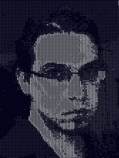 ASCII portrait of a young man in pure black and white pixels, the portrait is rendered through a monospace pixel font called jgs5.