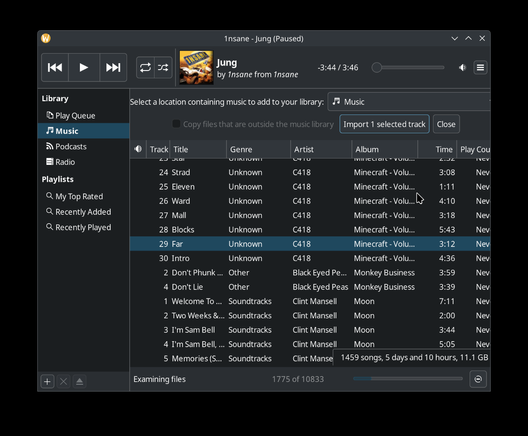 However, if you click on any one song then the import button changes to "Import 1 selected track". There is NO WAY to deselect a song, 1 must always be selected. Ctrl+A does not select all songs.