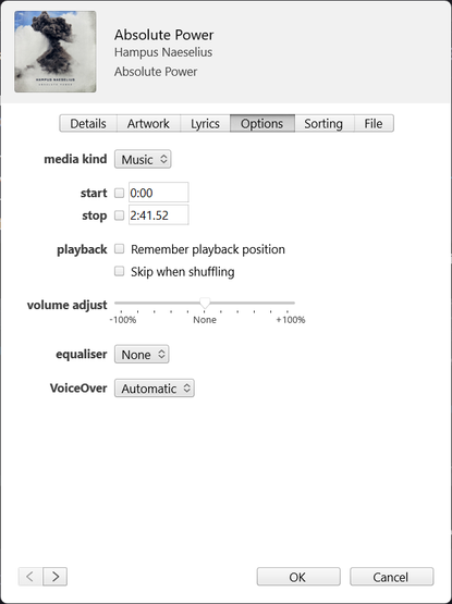 The iTunes file-info dialogue has per-file options for pseudo-trimming, remembering the playback position of a song, skipping the song only when shuffling and volume / equaliser adjustment.