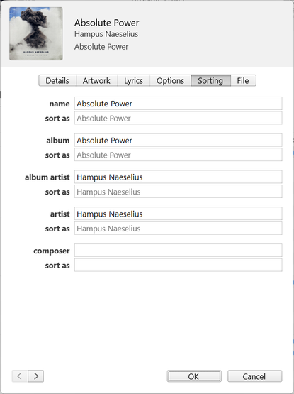 iTunes file-info dialogue allows for separate per-file name / album / artist strings when sorting.