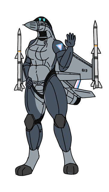 Amaya the snow leopard but in the form of an F-16 fighter jet with Mexican-style trans flag roundel and rudder accents with the tail number of 613 printed on the wing. A pair of AIM-120 AMRAAM missiles are attached to the outer wing pylons.