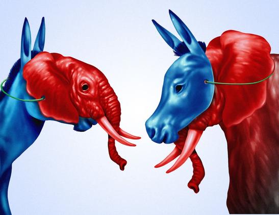 An illustration of a donkey and an elephant facing each other. The blue donkey is on the left, facing toward the right. It is wearing a red elephant mask on its face. On the right, there is a red elephant facing to the left. It is wearing a blue donkey mask.