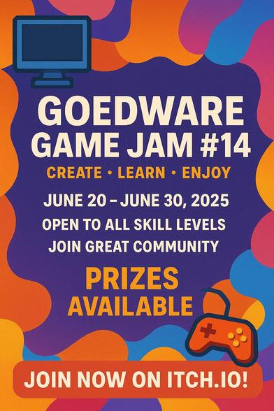 Join the gamedev fun now! The 14th Edition of the GoedWare Game Jam starts June 20th, 2025. Sign up to join us at itch.io