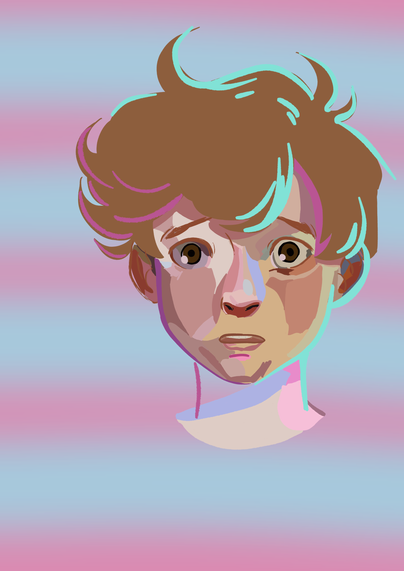 A portrait picture of a shocked teen boy. This is a digital art drawing using lots of Flat colours to create a blocky, stylised image.