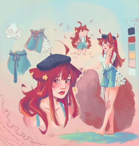 There are some sketches of meyuu (my vtuber). She's a chinchilla girl with ears and tail. she's wearing a short.