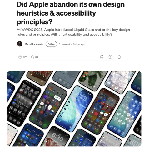 Screenshot of a story by Michal Langmajer with title “Did Apple abandon its own design heuristics & accessibility principles?” and a photo of an array of iPhones