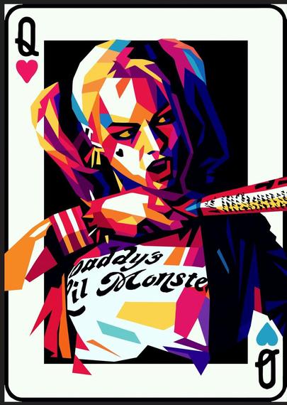 WPAP style work depicting Harley Quinn. Geometric shapes, contrasting colors and play of light create the effect of energy conservation and energy, creating her charismatic and crazy image. The composition conveys the movement and emotions characteristic of this extraordinary character.