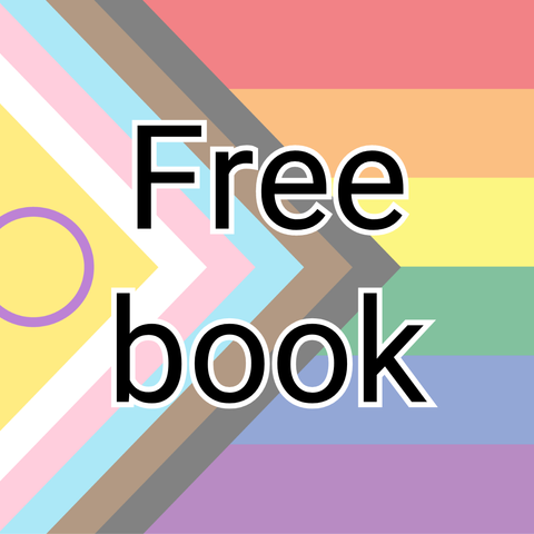 Pride flag with the words "free book" on it.