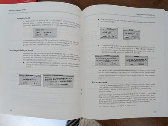 Centre pages of a 1993 developer guide for producing WIMP apps on Acorn's ARM-based desktops.

Topics covered include:

- When to group radio blocks
- How to name buttons in dialogue boxes
- Using human meaningful terms
- Good error messages