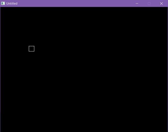 The image shows a minimalist, dark-themed window titled "Untitled." The window has a purple title bar at the top, which includes the title on the left and standard window control buttons (minimize, maximize/restore, close) on the right. The main content area of the window is entirely black.

Near the top-left corner of the black content area, there is a small, outlined white square. This square is the only distinct element within the black space, giving the impression of a very basic or early-stage graphical application, or perhaps a terminal window that has just opened and is awaiting input.