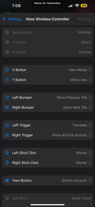 A menu that pops up automatically in Mona, a Mastodon client, if you have a controller connected. It lists controls for navigating Mastodon using a controller.