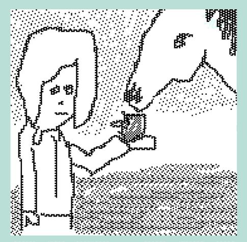 a pixelly black and white drawing of a reluctant person offering a horse an apple
