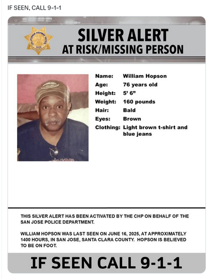 Silver Alert

William Hopson
76 years old
5 6
160 pounds
bald
brown eyes
wearing lightbrown t-shirt and blue jeans