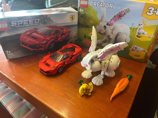 Photo of two constructed lego sets with boxes, as described in the main post.