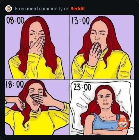 The image is a four-panel comic strip featuring a character with long red hair, wearing a yellow sweater. The background is a light purple color. Each panel is labeled with a time: 08:00, 13:00, 18:00, and 23:00, indicating different times of the day.

In the first panel at 08:00, the character is standing with her hand covering her mouth, appearing to yawn. In the second panel at 13:00, she is again standing with her hand near her mouth, also appearing to yawn. The third panel at 18:00 shows her stretching with her hand on her head, still in the yellow sweater. The final panel at 23:00 depicts her lying in bed, wearing a blue tank top, with her arms crossed and a relaxed expression.

The comic strip humorously illustrates the character's tiredness throughout the day, culminating in her lying down to sleep at night. The text at the top reads "From meirl community on Reddit," indicating the source of the comic.