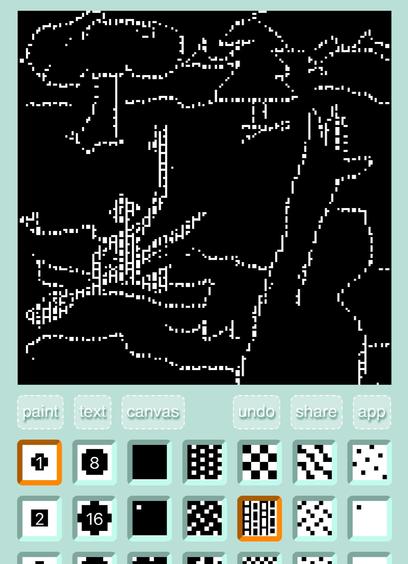 a scratchy, low-res doodle of patterned white pixels on black of a figure in the foreground hailing a passing kayaker from the riverbank. the kayaker returns the wave with trees and mountains in the background.