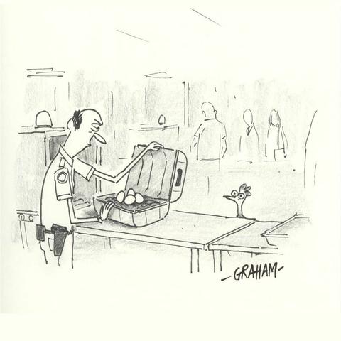 A cartoon illustration of an airport security guard looking suspiciously at some eggs discovered in baggage as a chicken nervously watches and waits.
