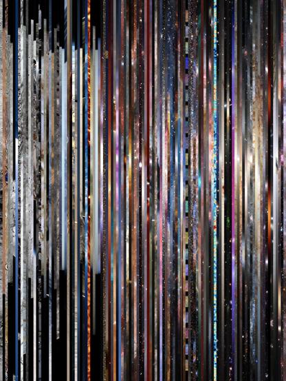 A portrait format image comprising 111 individual vertical strips cut from larger images. The strips contain a wide range of colours, from reds, to blues, to greys, and a fair amount of black – it is a book about space, after all.