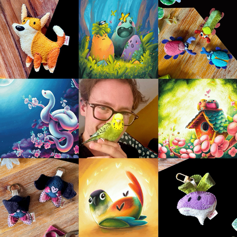 Collage of 9 pictures: a handmade corgi plushie, a digital illustration featuring 3 magical rocks in the forest, a picture of 3 felt beetle magnets, a digital illustration of a white snake wrapped around the branch of a cherry blossom tree while looking at the moon; a picture of me, a white man with wooden glasses, a little green budgie perched on my hand; a digital illustration of two birds snuggling on top of a bird houses a picture of 2 handmade bat keychains; a digital illustration of a cute green cheek conure; and a picture of a turnip bag charm.