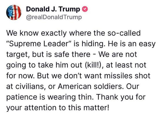 A post from the deceiver-in-chief in which he publicly broadcasts highly classified military intelligence.