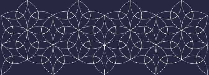 a repeating pattern of white dotted curves that link together to form stylized flowers with six petals over a very dark blue background