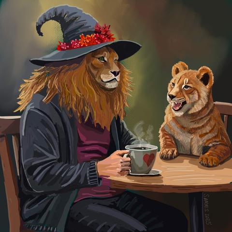 A lion headed wizard stares at nothing in particular as his cup of coffee (in a heart mug) steams. His apprentice growls at him. The apprentice doesn't have coffee and is probably too young for it.