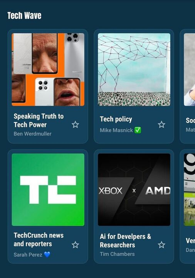 Screen shot of Flipboard's Surf app Tech Wave section of the Surf Shop, featuring four images with captions underneath.