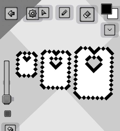 a screenshot from the pixel drawing app pixquare. 3 bread bag tags (occlupanids) are drawn in progressively larger sizes.  drawing tool icon buttons are along the top.