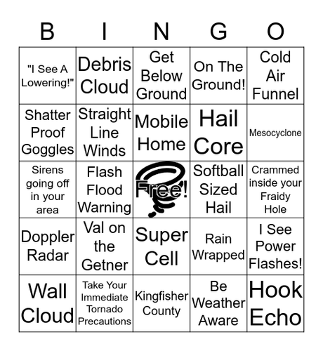 Bingo card for inclement weather coverage in Oklahoma. The fields are, from left to right and top to bottom:

I see a lowering!
debris cloud 
get below ground 
on the ground! 
Cold air funnel 

shatterproof goggles 
straight line winds 
mobile home 
hail core 
mesocyclone 

sirens going off in your area 
flash flood warning 
Free! (with a clipart-looking tornado behind the word)
Softball sized hail 
crammed inside your fraidy hole 

Doppler radar 
Val on the Getner 
super cell 
rain wrapped 
I see power flashes! 

Wall cloud 
take your immediate tornado precautions
Kingfisher County 
Be weather aware 
Hook Echo