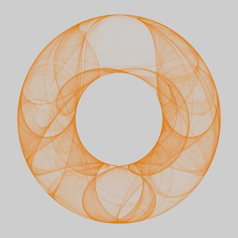 A fractal consisting of an inner and outer circle, between which rather swirly/gauze curved lines flow.