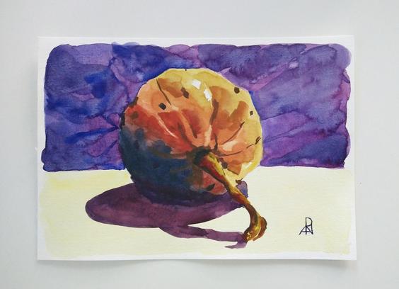 Painting of a gourd on a table. The background is violett and the table light yellow. It's painted in water color. The painting is on a piece of paper lying on a white table.