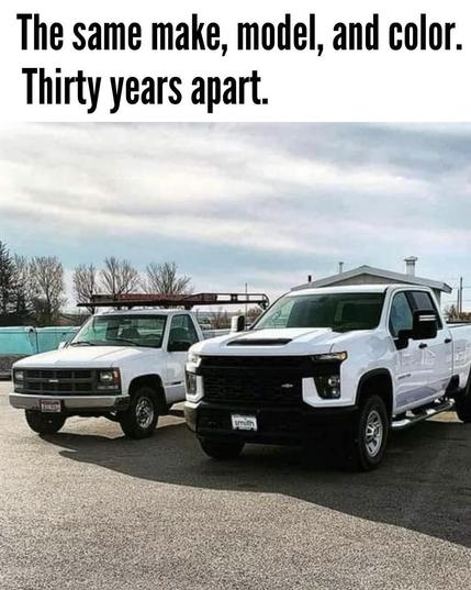 text reads "the same make, model, and color. thirty years apart".

A phot shows two pickup trucks, a small one on the left and a super jacked up abomination o the right that's twice the size