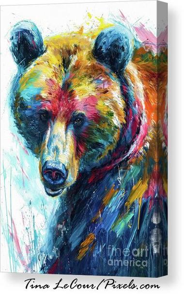 This is a canvas impressionism of a colorful great grizzly bear against  a white background.