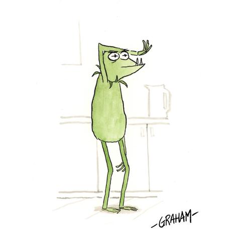 A cartoon illustration of a grumpy-looking Kermit with underbite fangs standing in his kitchen.