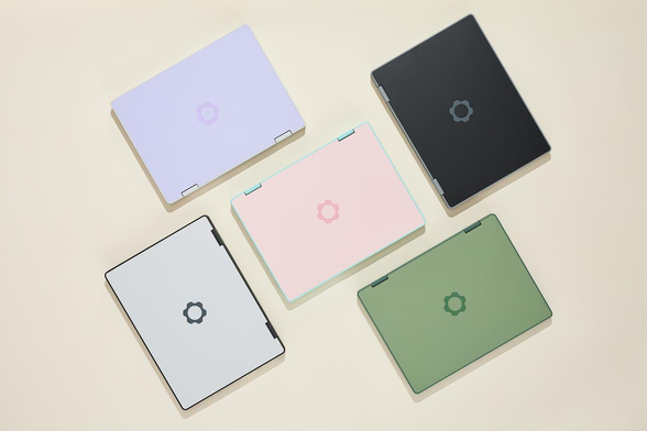 picture of five framework 12 laptops, in the five different colorways: lavender, gray, black, sage, and bubblegum