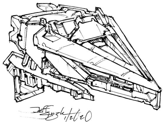 Black and white line art sketch of an imaginative sci fi spaceship. Each one is very different.