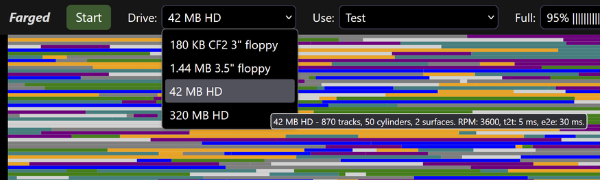 A screenshot of a web app, with a toolbar at the top and an area below that represents the physical arrangement of files on a mechanical disk drive. The toolbar contains a start button, and options to choose a drive size, use case, and percentage filled. The app currently displays a 42 megabyte hard drive.
