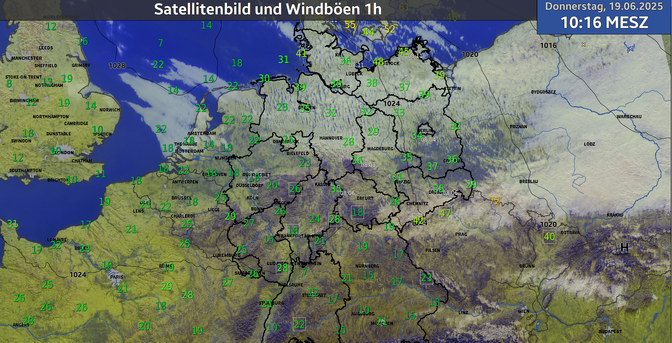 Satellitenbild und 1h Windböen über Deutschland. Im Nordosten weht ein starkböiger Nordwestwind.