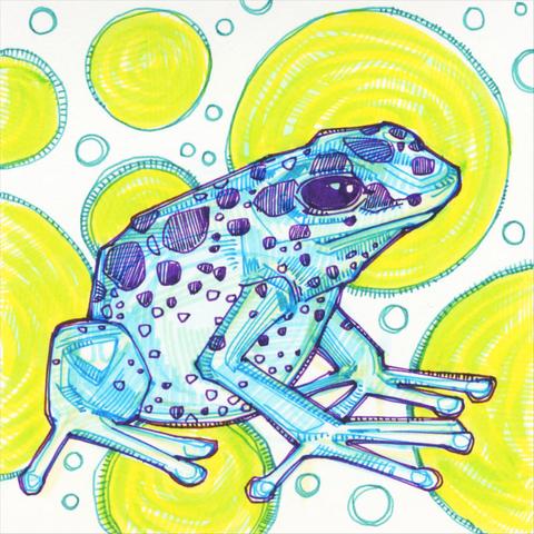 drawing in marker of a blue frog with purple spots and yellow circles in the background
