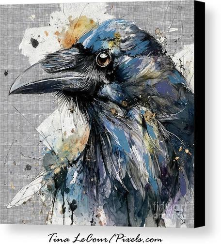 This is a mixed media portrait of a black raven full of textures.