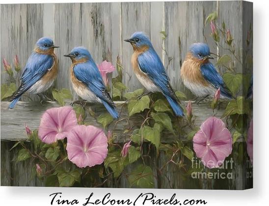 This is a canvas of four eastern bluebirds perched on a wooden fence with some pink morning glory flowers.