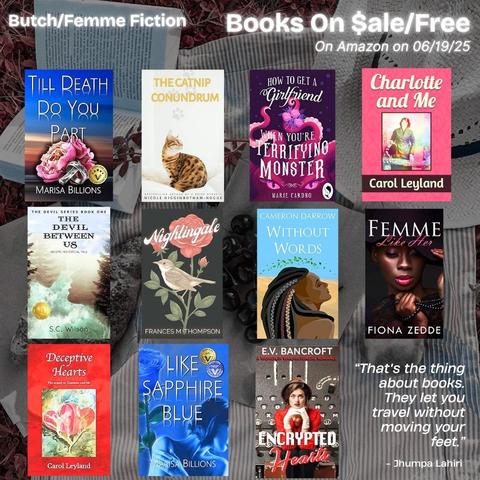 Book covers on a picnic background with a book lying open for butch/femme sapphic fiction Books on $ale/Free on 06/19/25 on Amazon.